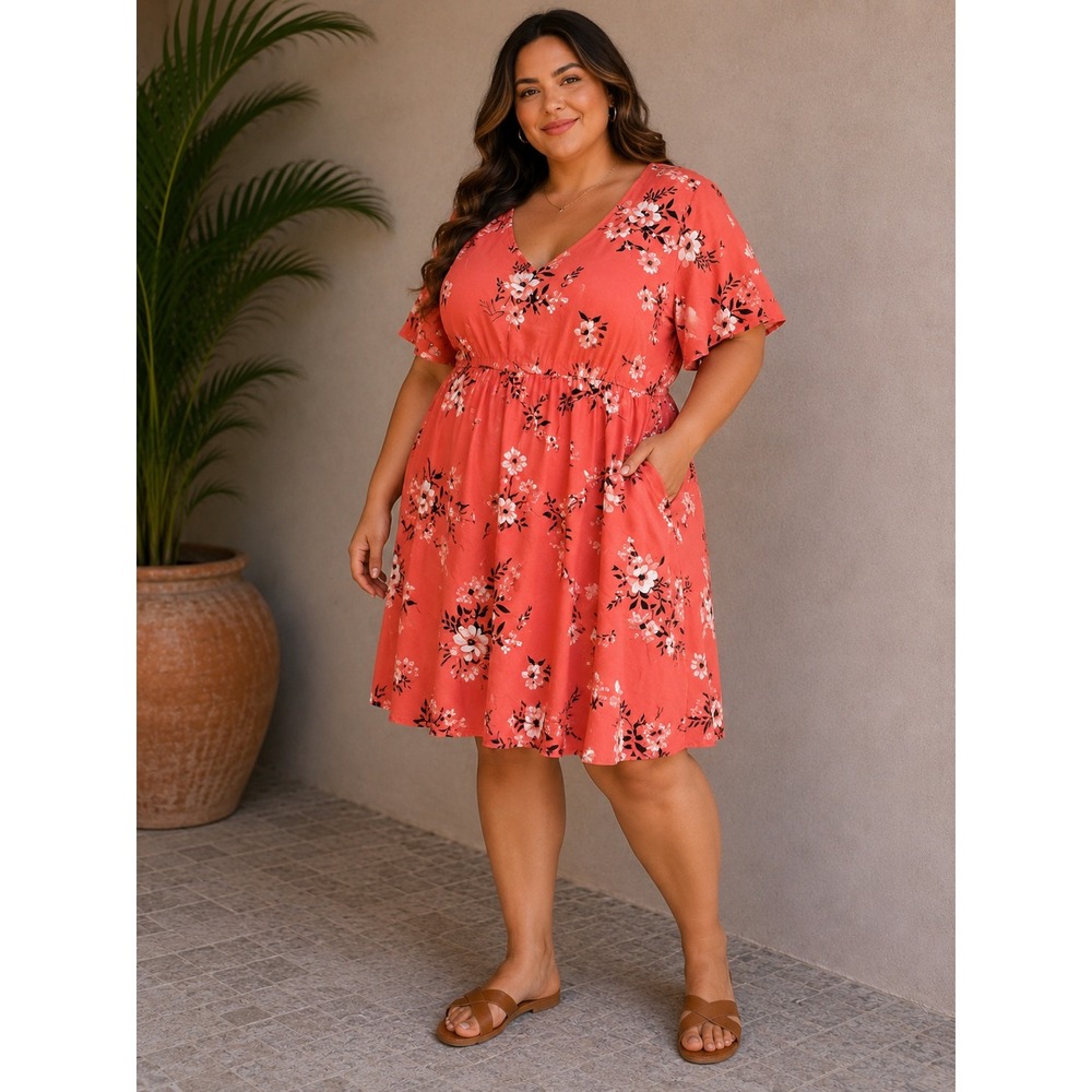 Torrid Dress Coral Pink‎ Floral V-Neck Flutter Sleeve Pocket Mini Plus Size 3 3X
